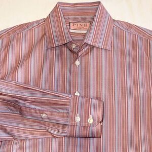 Thomas Pink Mens Shirt Cotton Multicolor Striped Button Up Made in Romania 15.5